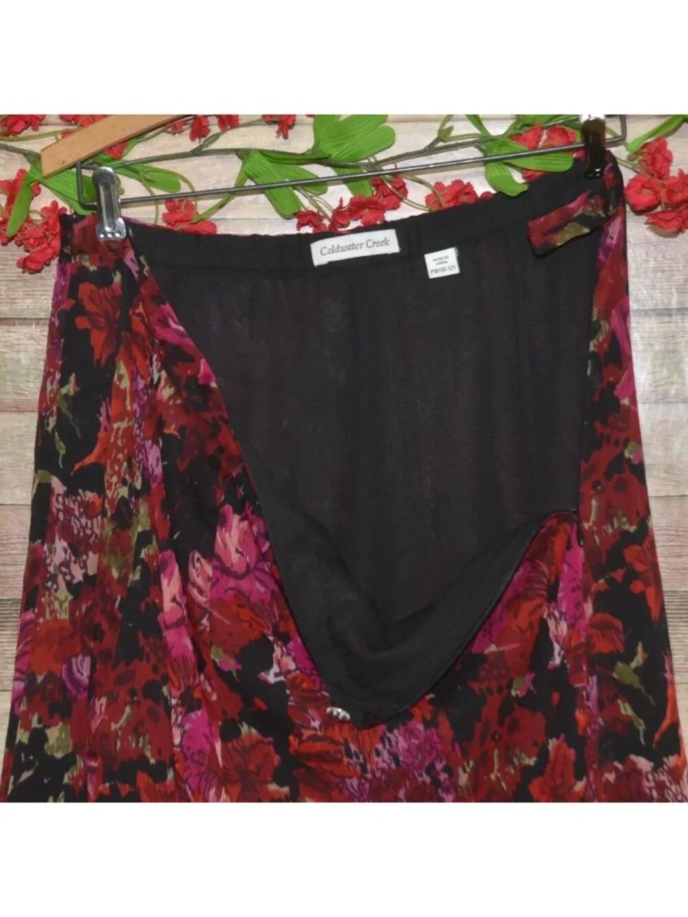 Coldwater Creek Skirt PM 10-12 Red Floral Midi A Line Lined Fall Boho Romantic